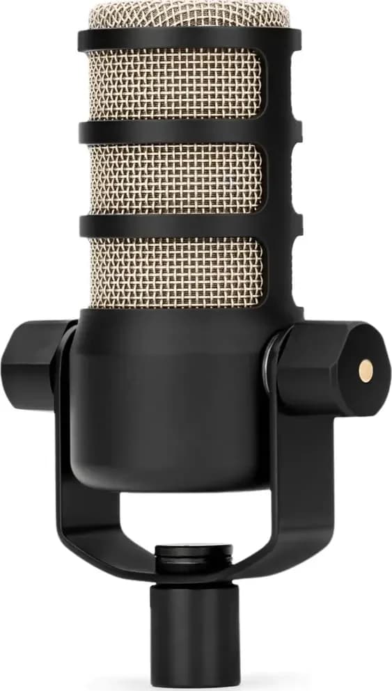 RØDE PodMic in black at an angle on its swing mount