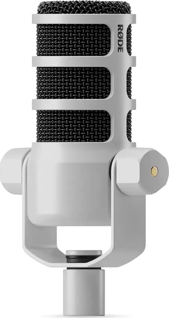 RØDE PodMic in white at an angle on its swing mount