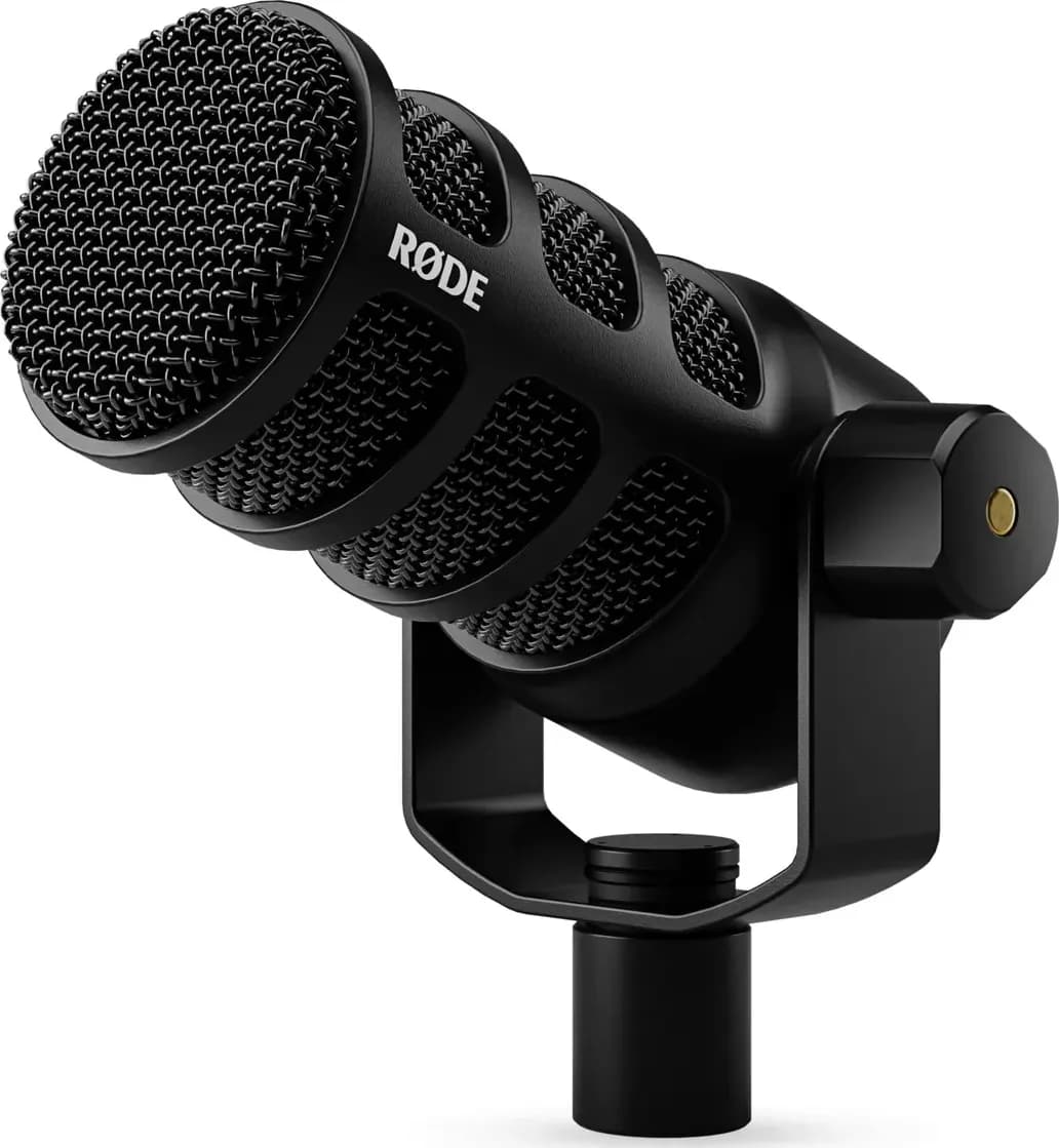 RØDE PodMic USB in black at an angle on its swing mount