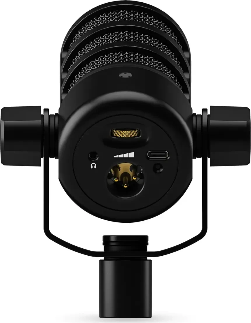 The base of the RØDE PodMic USB, with XLR, USB-C and headphone connections