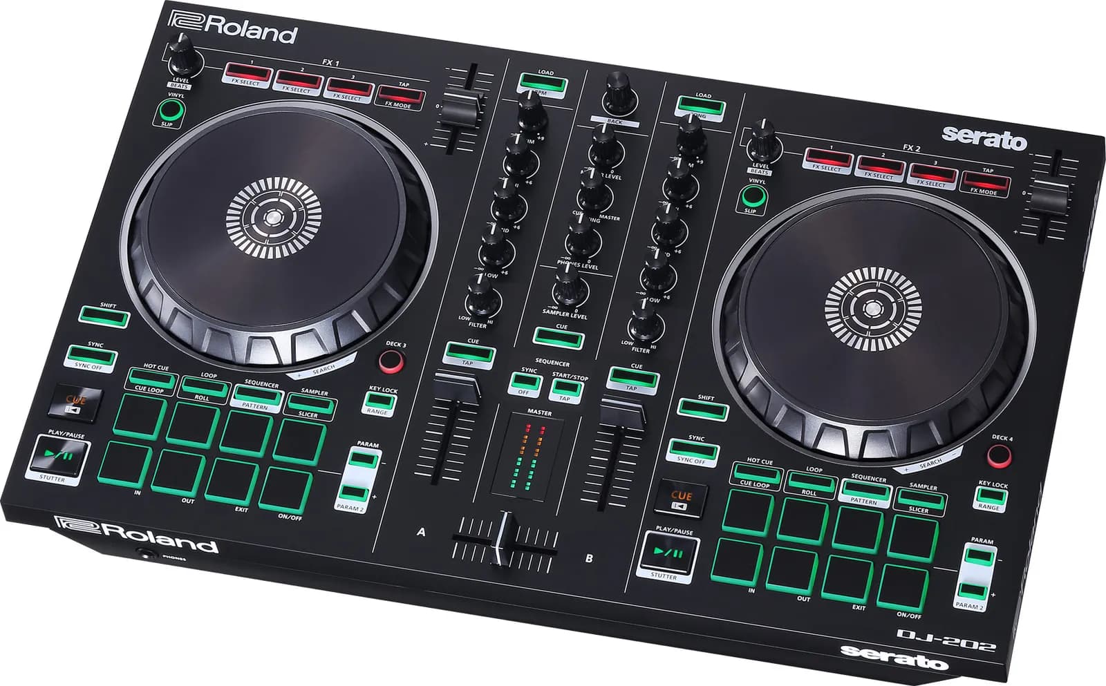 Roland DJ-202 DJ controller, angled view from the front right