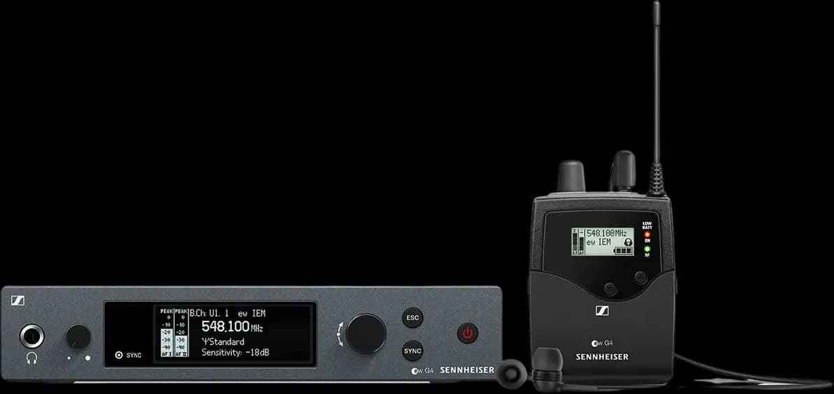 Sennheiser EW IEM G4 set: rack-mount transmitter, bodypack receiver and earphones, front view