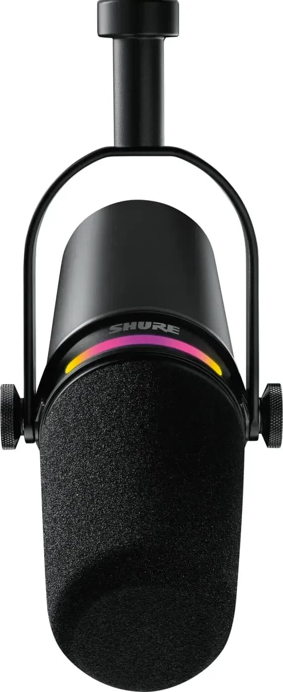 Shure MV7+ from the front, showing the LED touch panel