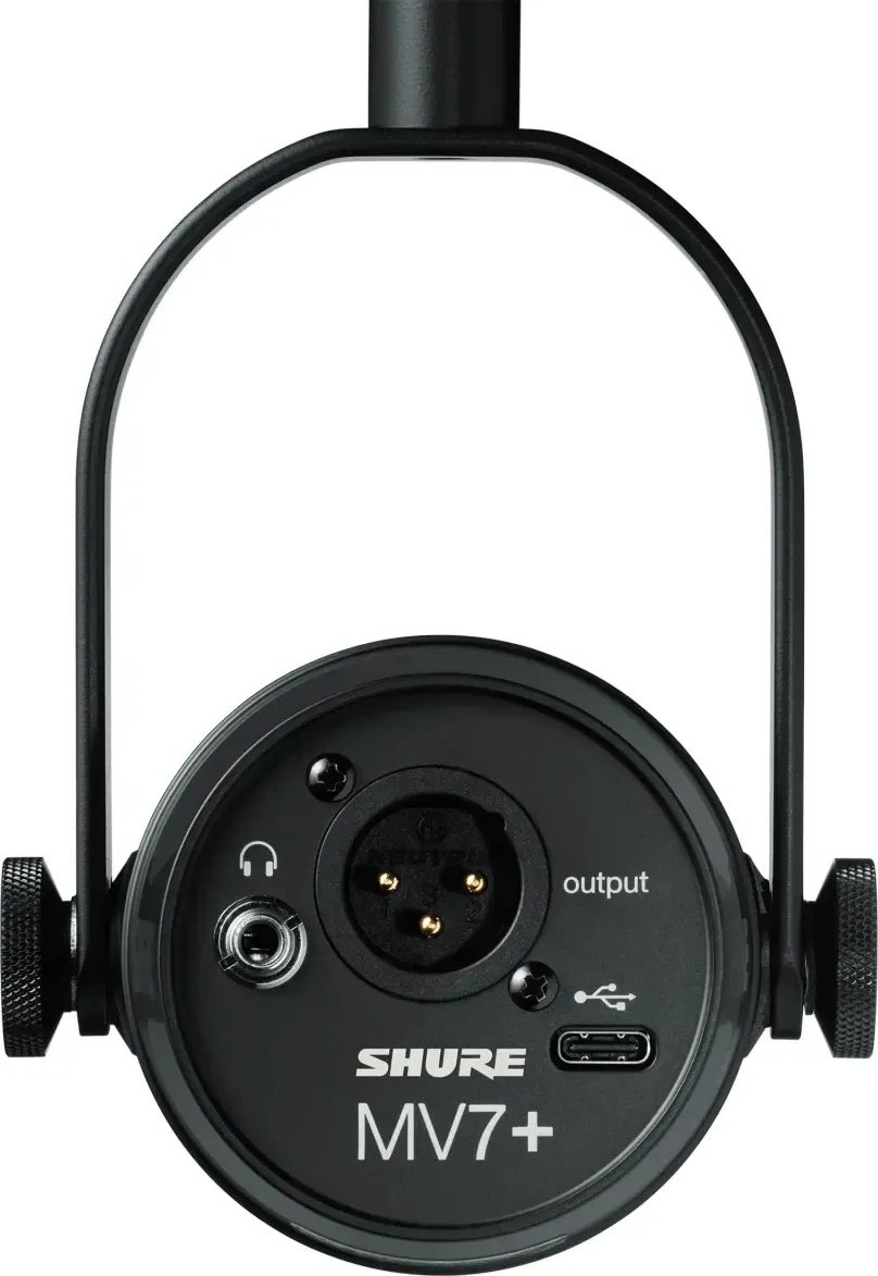 The back of the Shure MV7+, with XLR, USB-C and headphone outputs