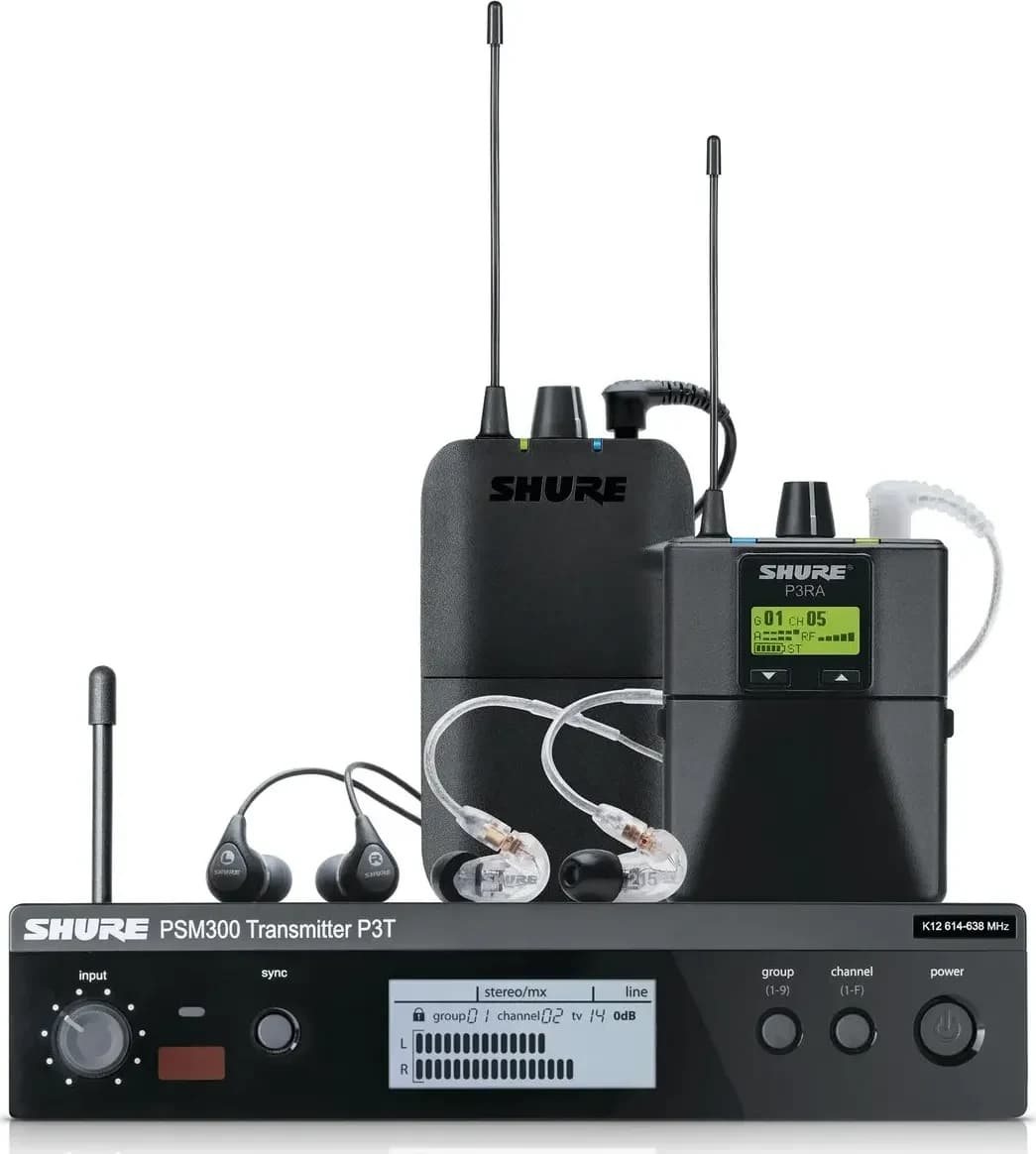 Shure PSM 300 system: P3T transmitter, bodypack receivers and earphones