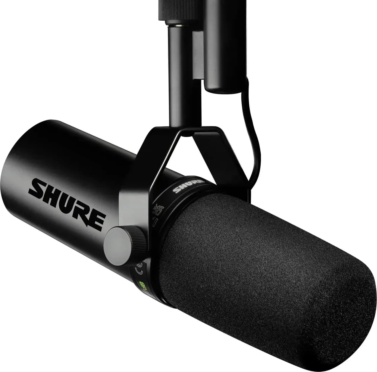 Shure SM7dB at an angle, hanging from its yoke