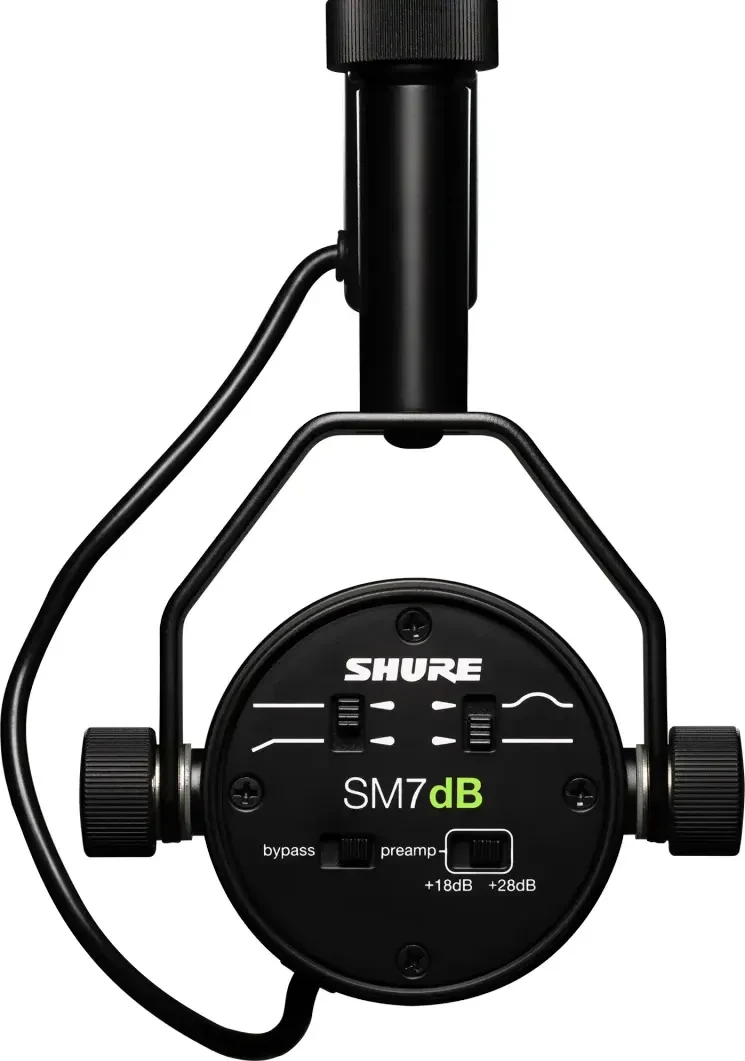 The back of the Shure SM7dB with its preamp, bass roll-off and presence switches
