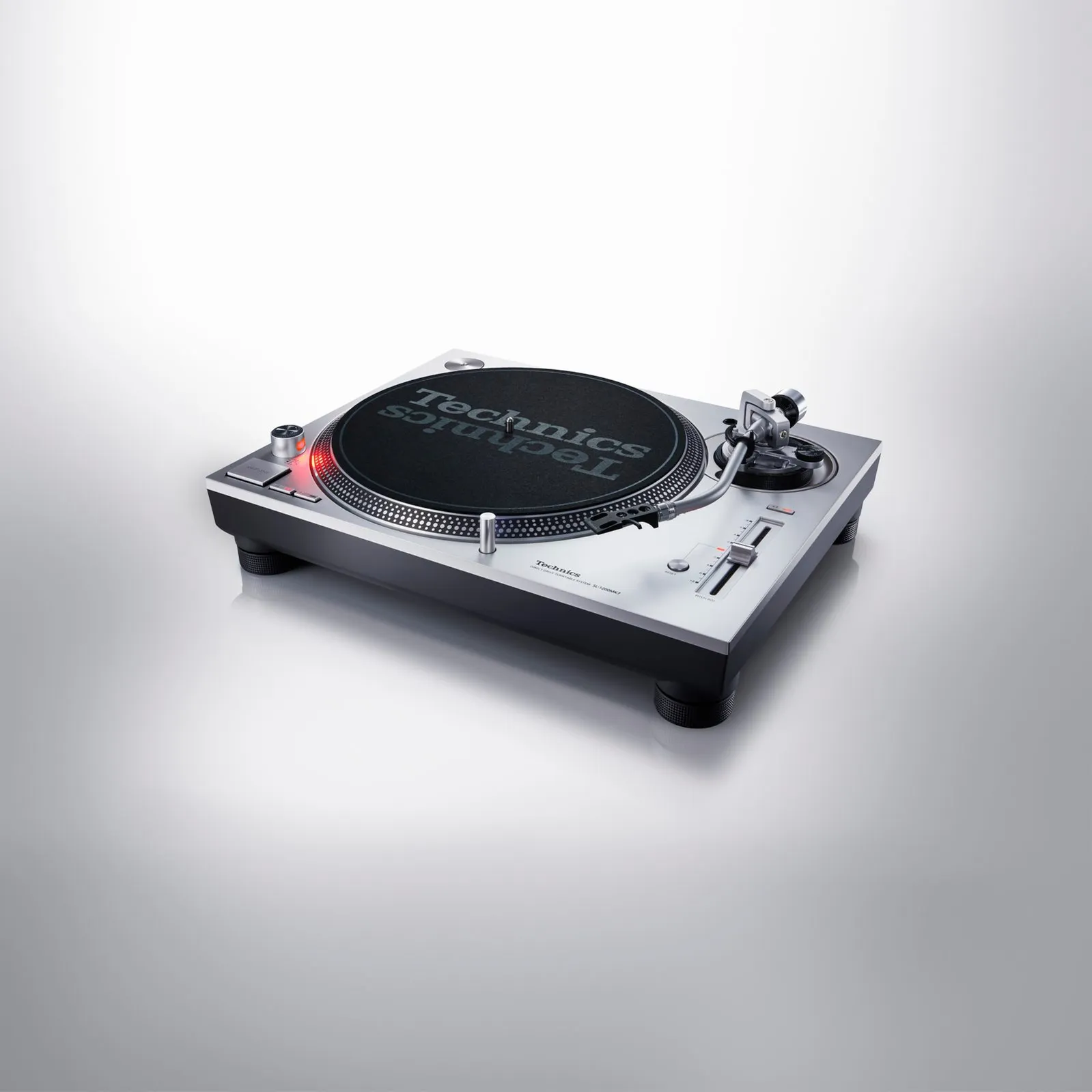 Technics SL-1200MK7 turntable in silver, angled view