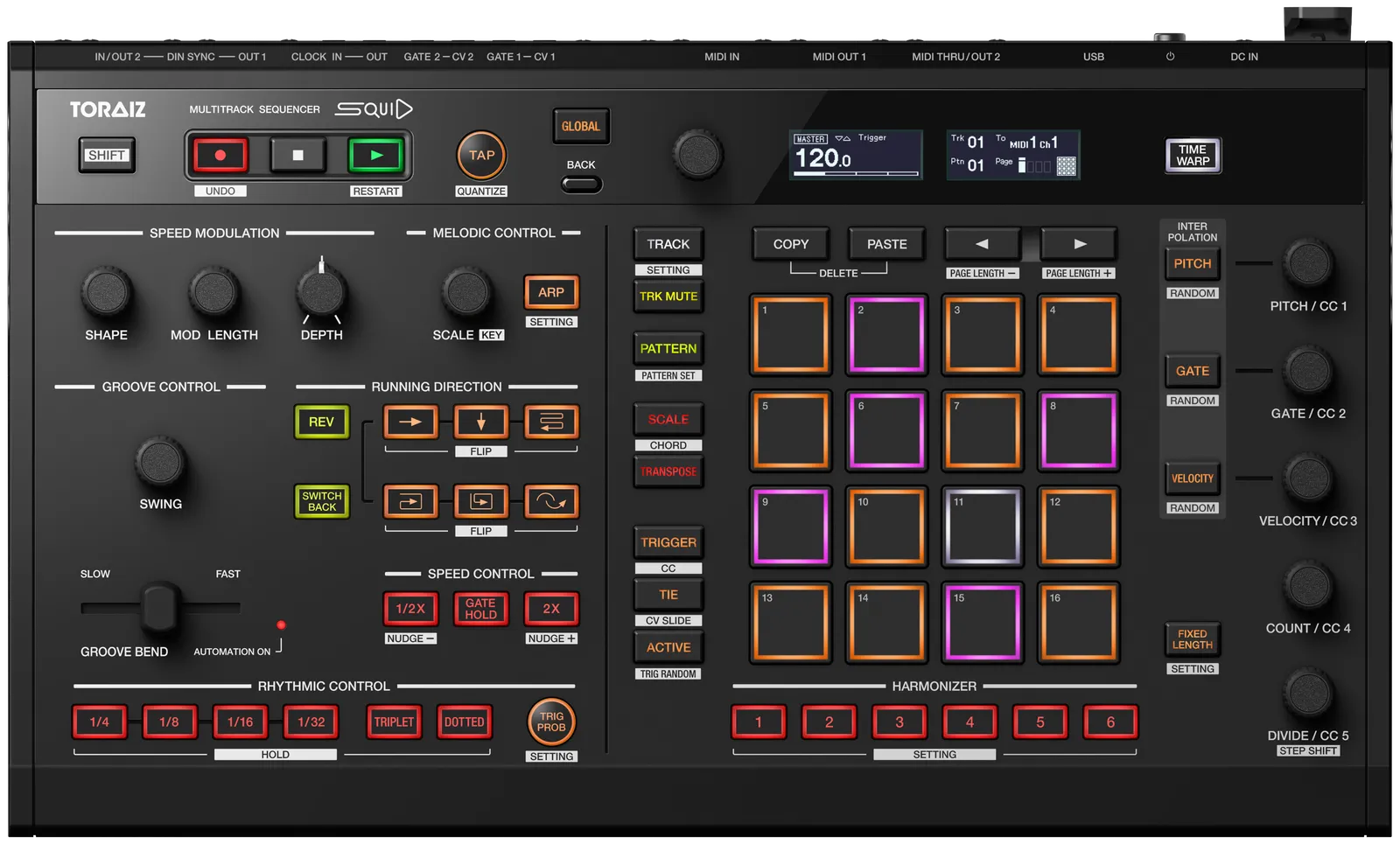 Pioneer DJ TORAIZ SQUID from above, with its 16 pads and Groove Bend slider