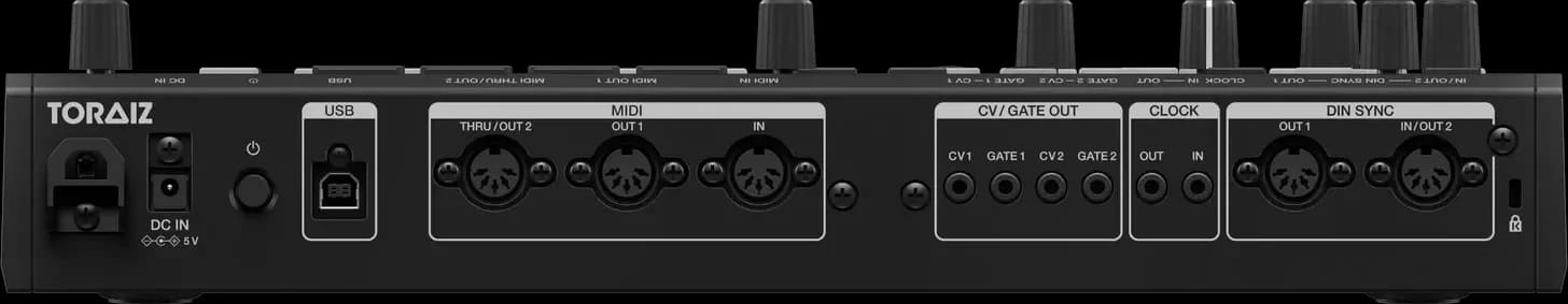 Rear panel of the Pioneer DJ TORAIZ SQUID with MIDI, CV/Gate, clock and DIN Sync ports