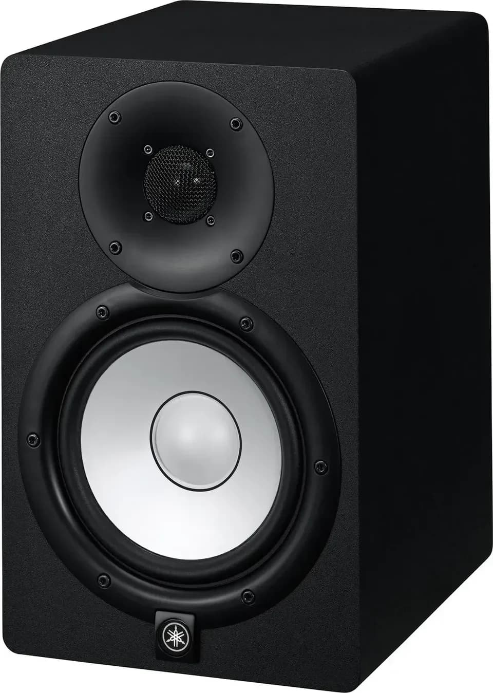 Yamaha HS7 studio monitor in black, front three-quarter view