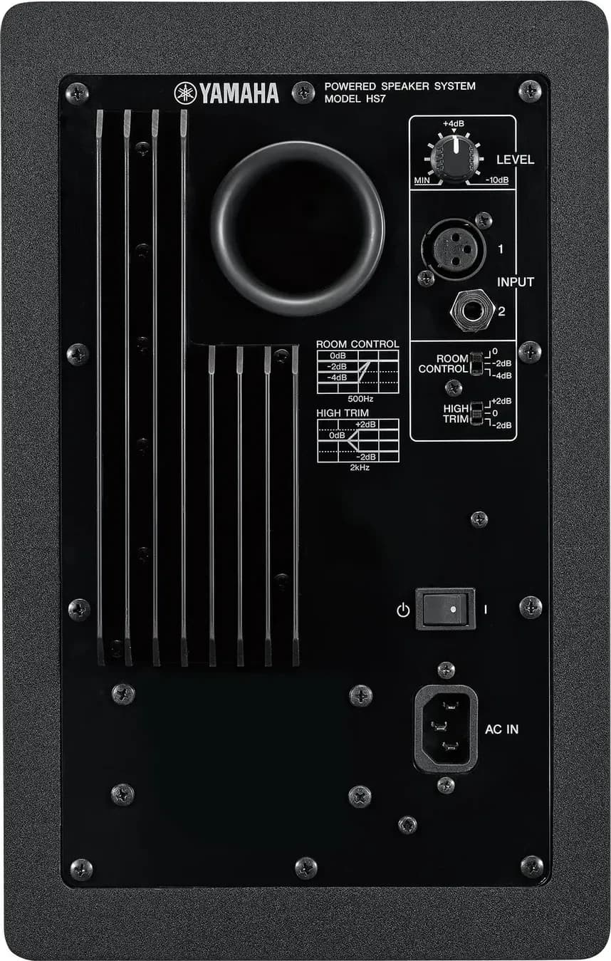 Yamaha HS7 rear panel with XLR and TRS inputs and room control switches