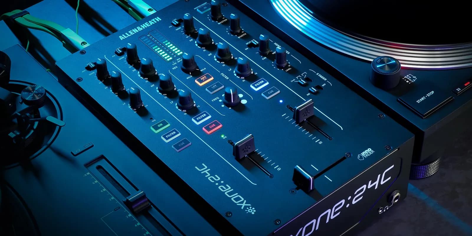 Allen & Heath Xone:24C at an angle beside a turntable