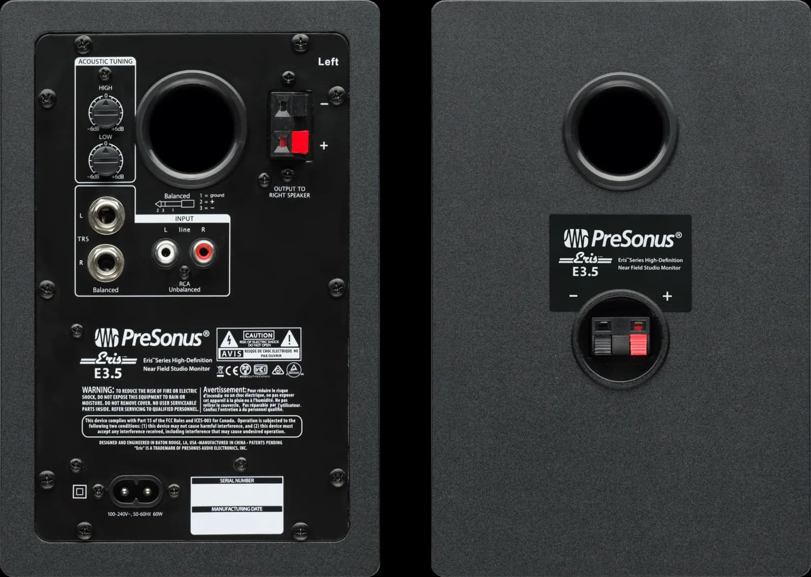 Rear panels of the PreSonus Eris E3.5 pair, the powered left speaker with its controls and inputs and the passive right speaker