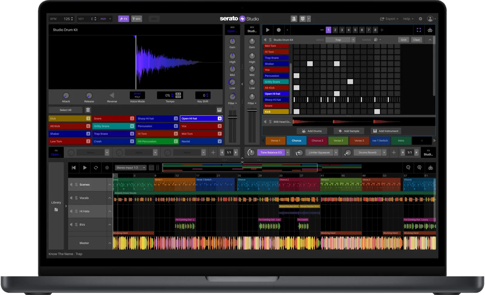 Serato Studio Scene View with a drum deck and the song arrangement, on a laptop