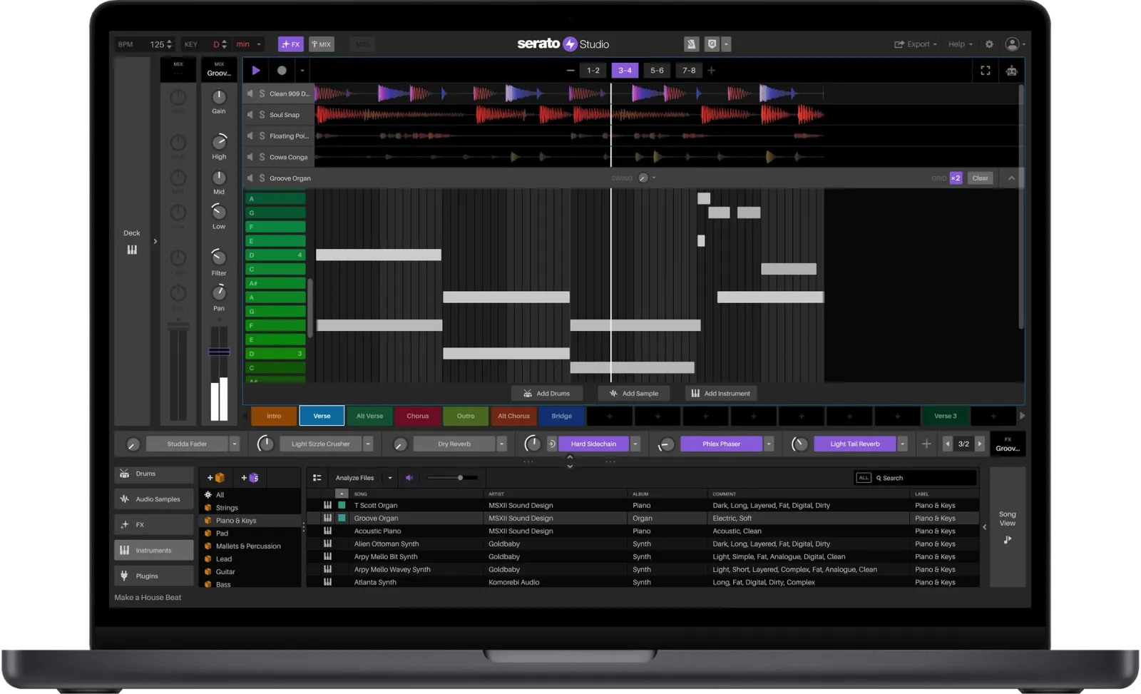 Serato Studio instrument deck with the piano roll and sound library