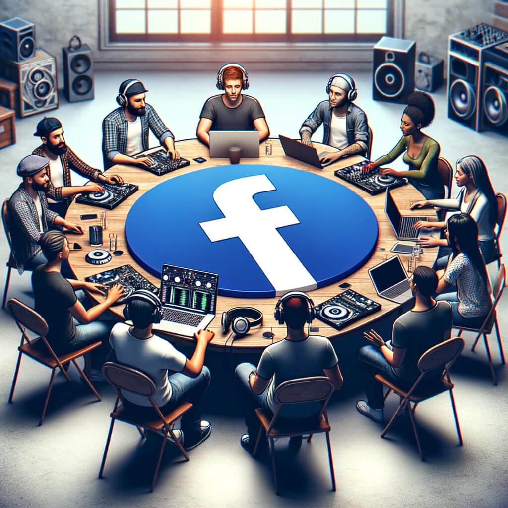 DALL·E 2023 12 06 17.04.42 An image of a diverse group of DJs sitting around a table engaged in a discussion. In the center of the table is a large clear Facebook logo symbol
